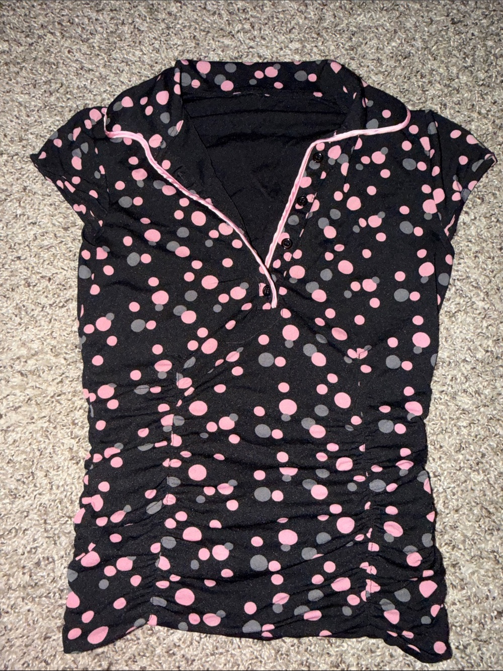 Black Polka Dot Ruched Top with Pink Trim